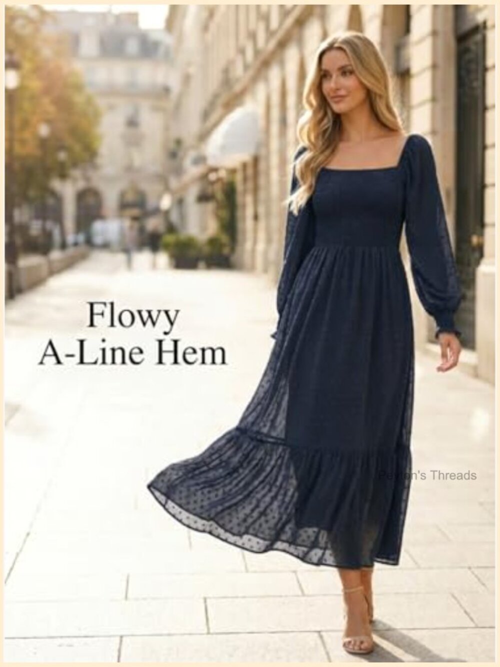 Square Neck Swiss Dot Maxi Dress Long Sleeve Tiered Flowy - Picture 5 of 7